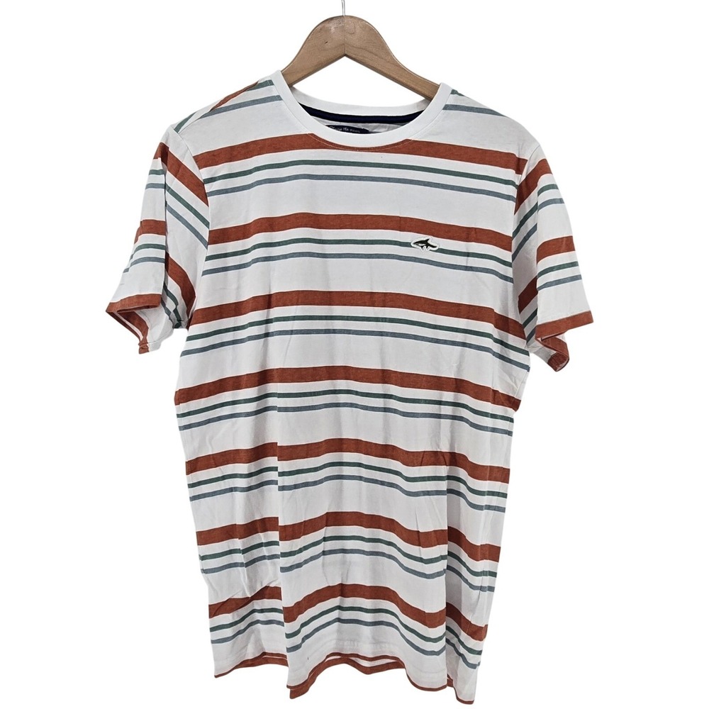 Le Shark Striped T-Shirt Mens Large White Rust Teal Short Sleeve Crew Neck Tee